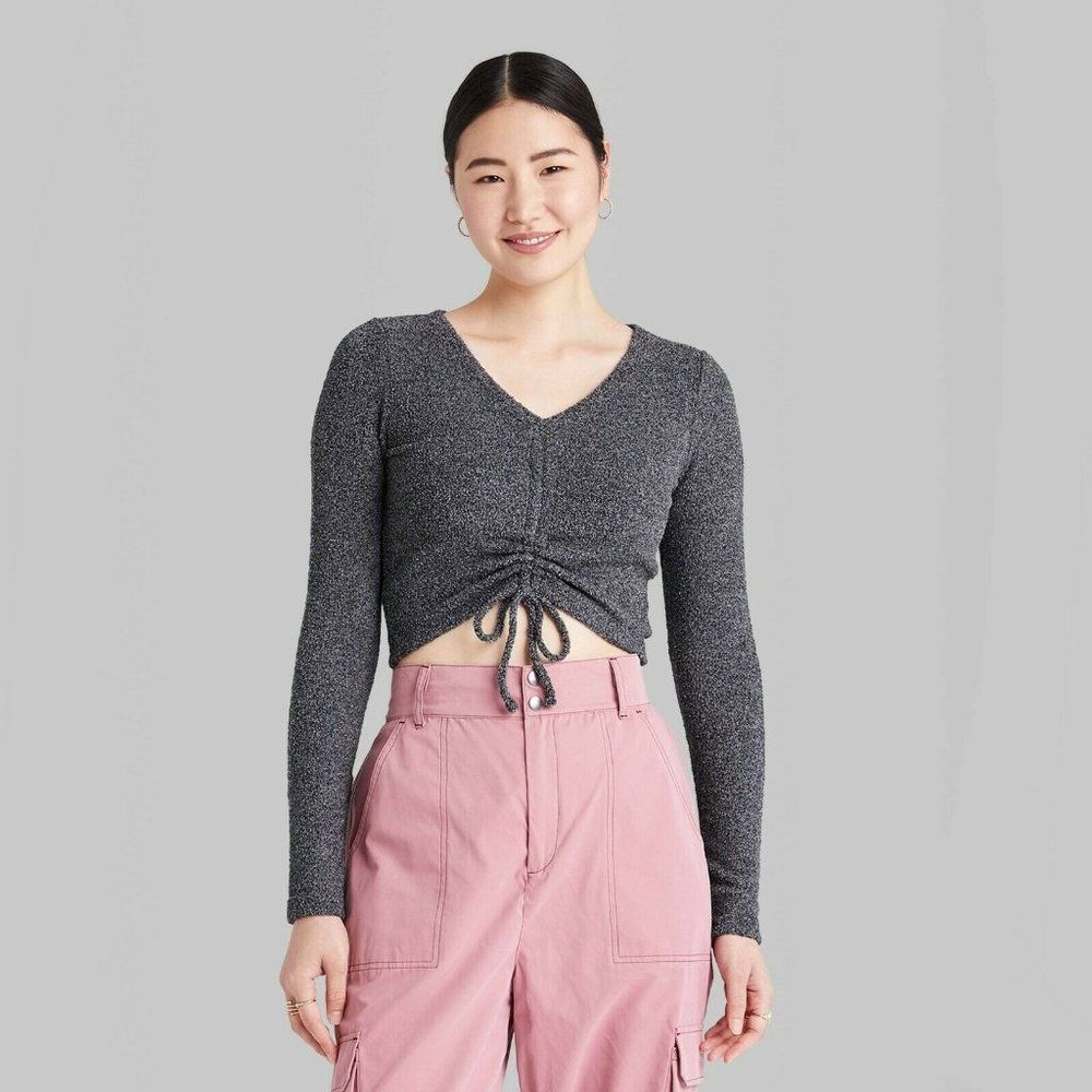 Wild Fable Women's S Long Sleeve V-Neck Ruched Front Fitted Charcoal Sweater